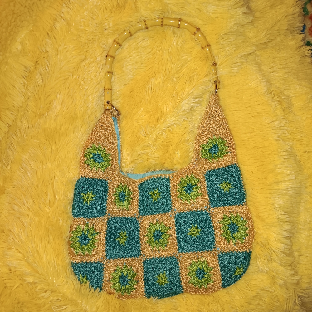 Kate Landry Teal, Tan & Green Crochet Shoulder Bag with Bamboo Handle